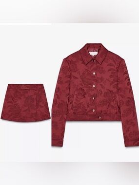 Zara Floral Jacquard Jacket & Mini Skirt Set - Burgundy